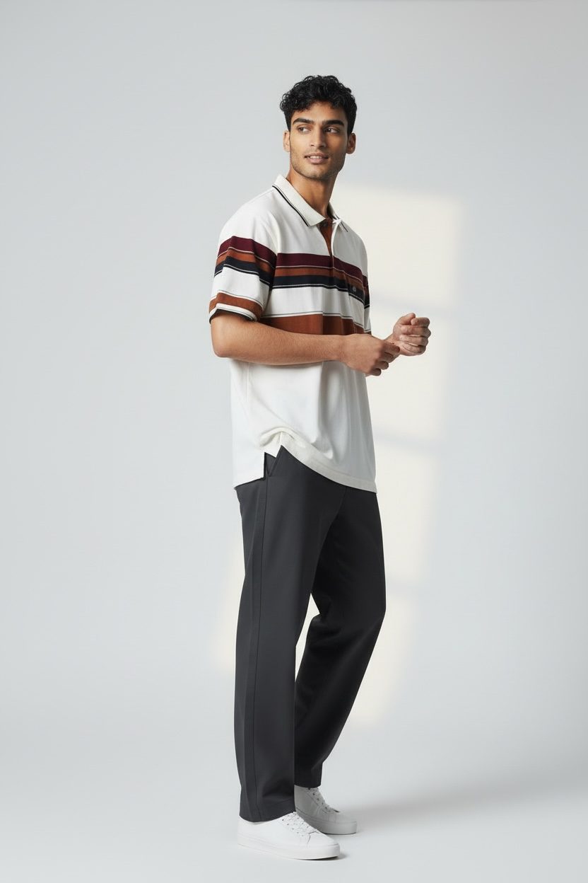 Maroon Brown and Black Horizontal Stripes on  Cream