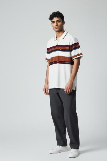 Maroon Brown and Black Horizontal Stripes on  Cream