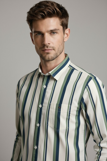 Monaco Line - Men’s Trim  Fit Green Stripe Button-Down